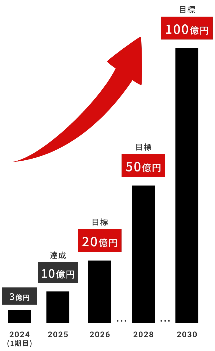 2024年(1期目)売上3億円、2025年売上10億円達成、2030年に売上100億円目標